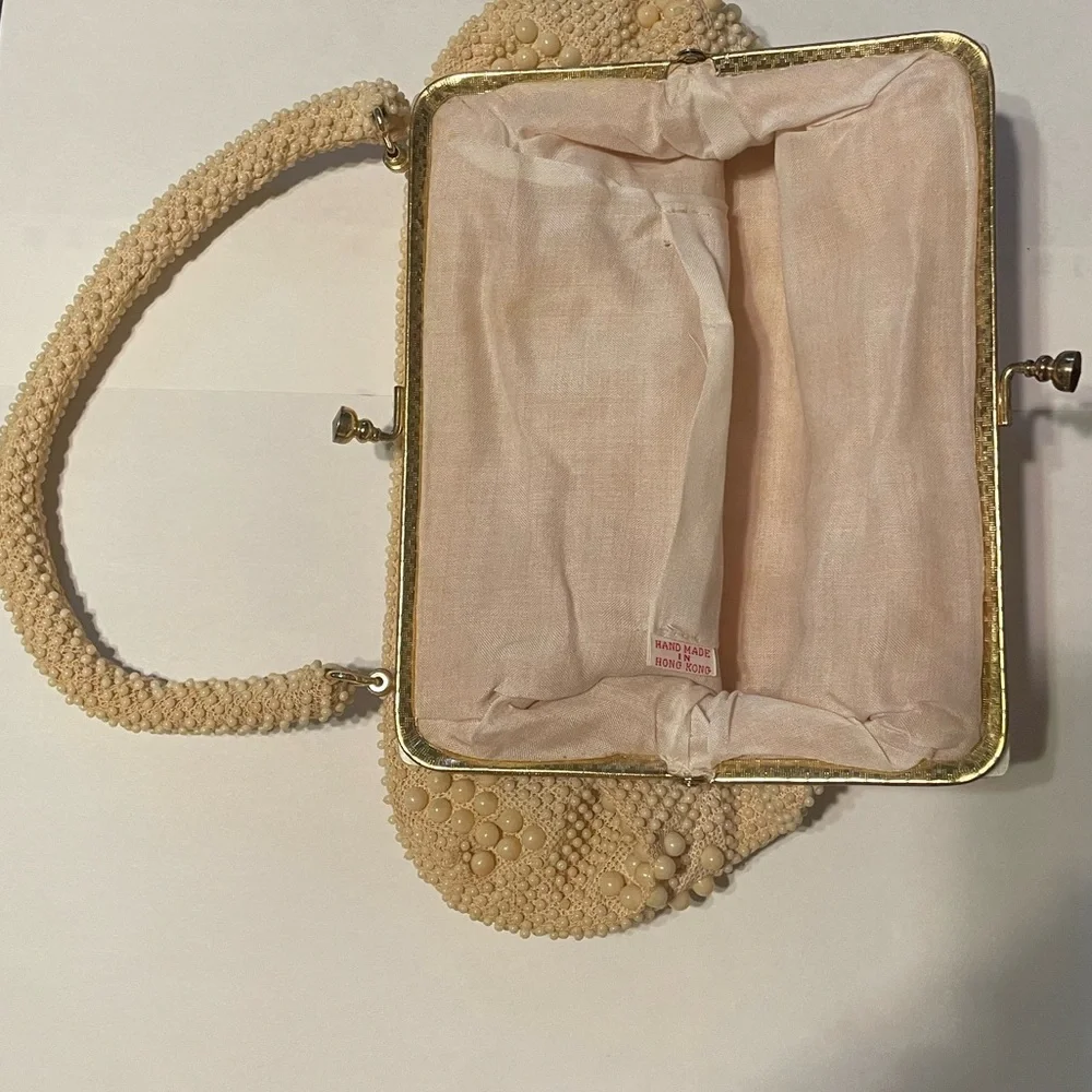 Vintage Hong Kong Beaded Evening Bag Ivory Pearl Top Handle Purse